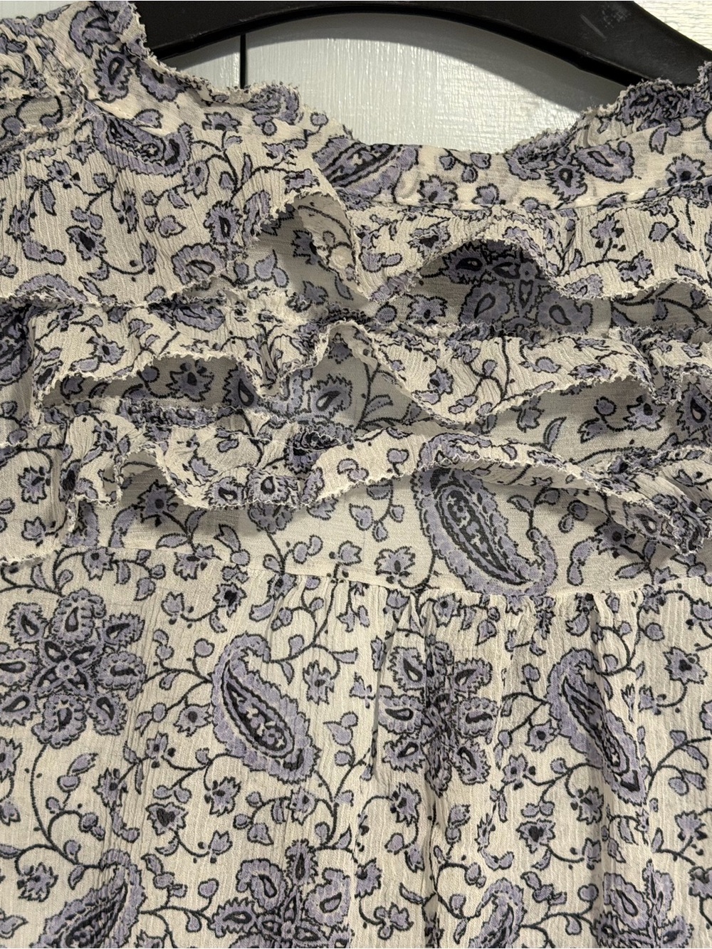 PAIGE Cream and Blue Paisley Ruffle-Trim Button-Down Shirt - Picture 6 of 8